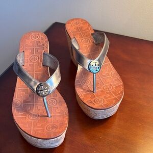 Tory Burch Silver Cork Wedge Sandals size 7.5 Like NEW